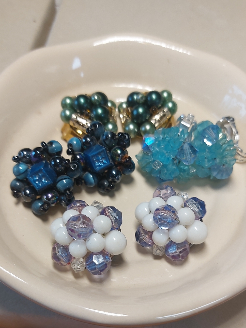 Vintage Beaded Cluster Clip On Earrings Lot 4 Pairs Glass Pearl Crystal Retro